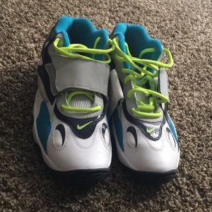 Teal blue, lime and white nikes